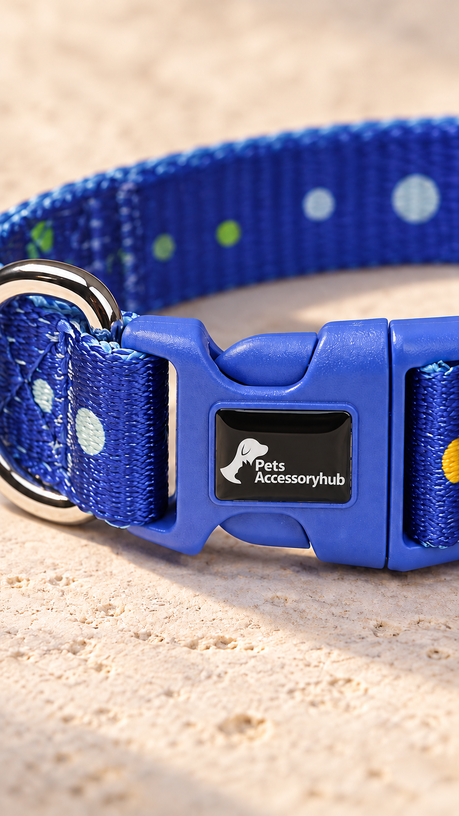 Design visualization showing logo placement beside the blue collar buckle