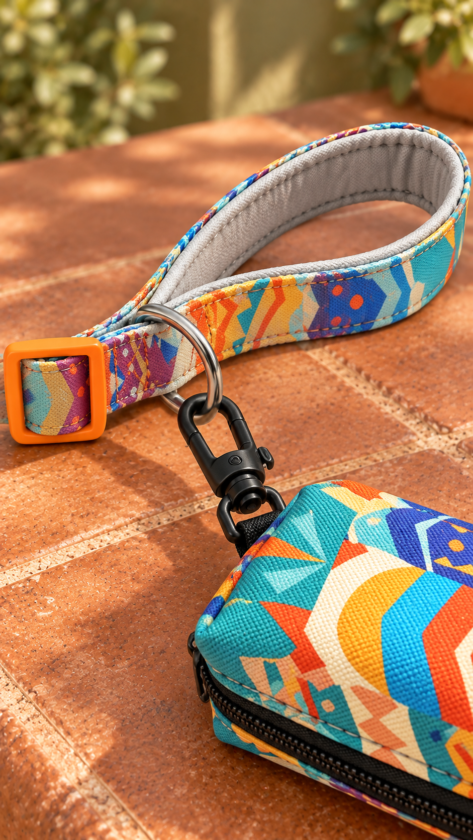 Close-up visualization of a black pouch clip attached to the leash accessory ring beside a padded handle