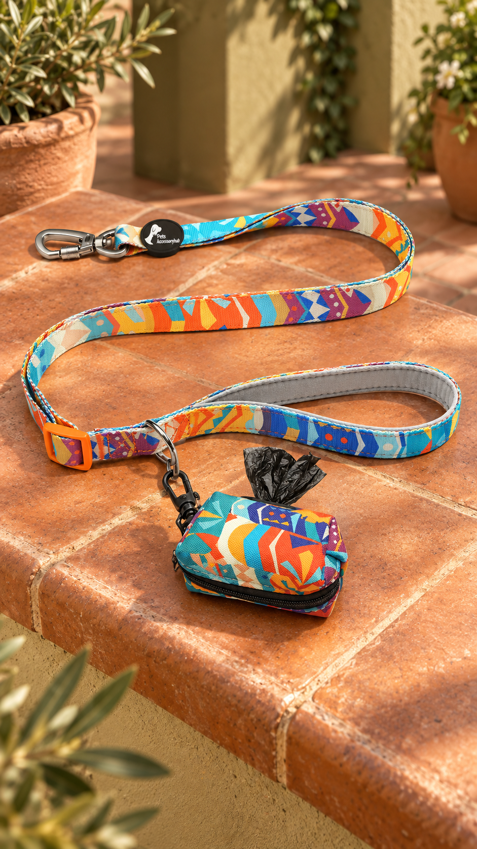 Geometric-print leash and matching zippered pouch with its clip connected to the accessory ring near the handle