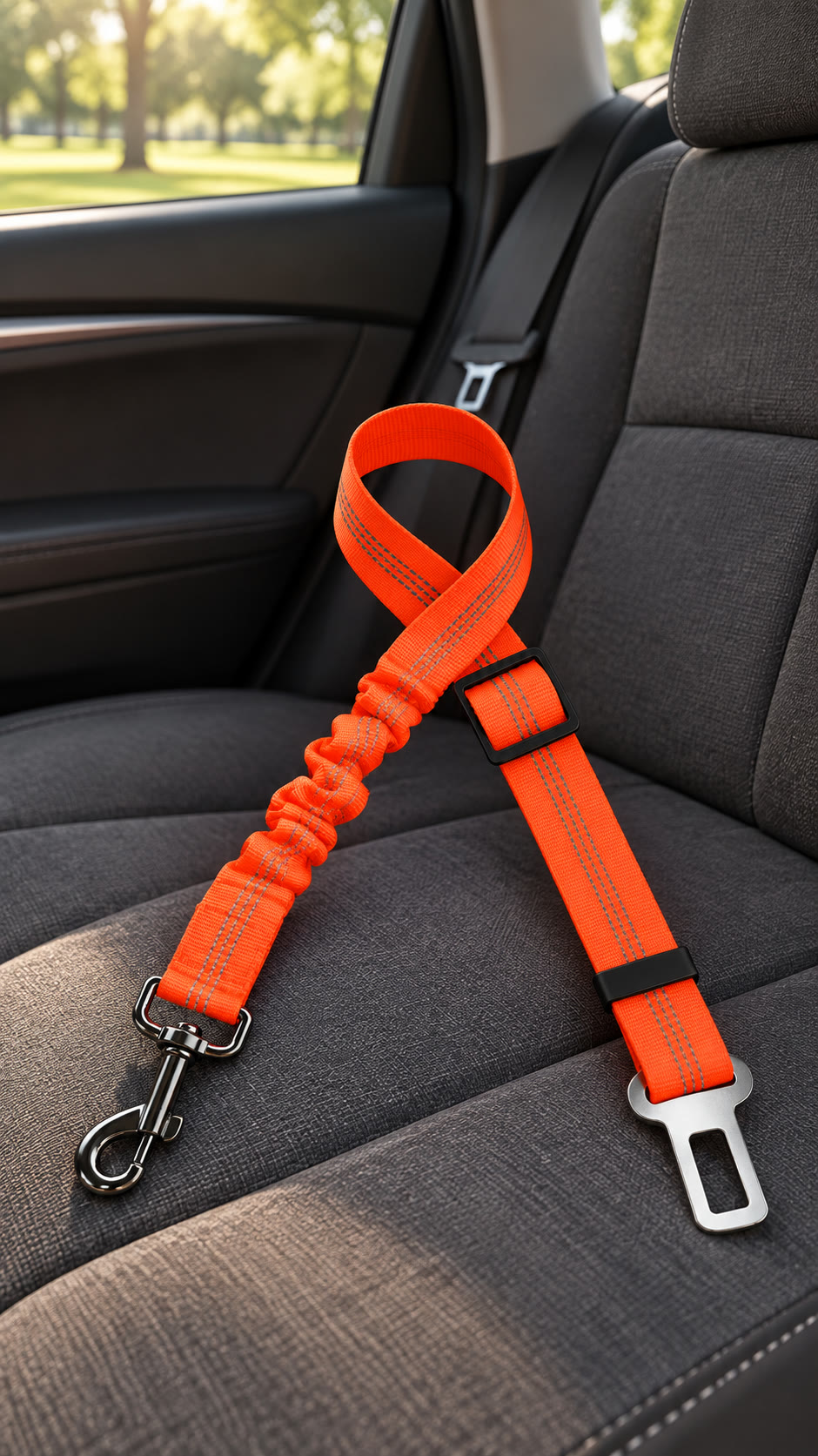 Orange pet car tether showing its adjustment slider, gathered section, swivel hook and metal tongue