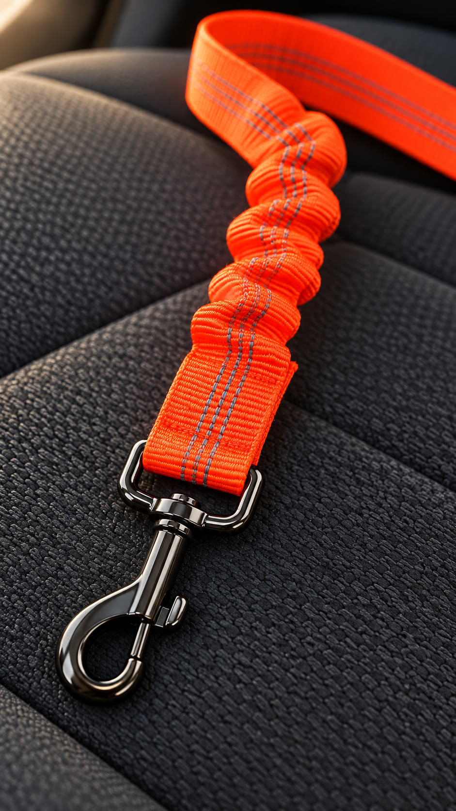 Close-up visualization of orange gathered webbing attached to a dark metal swivel snap hook
