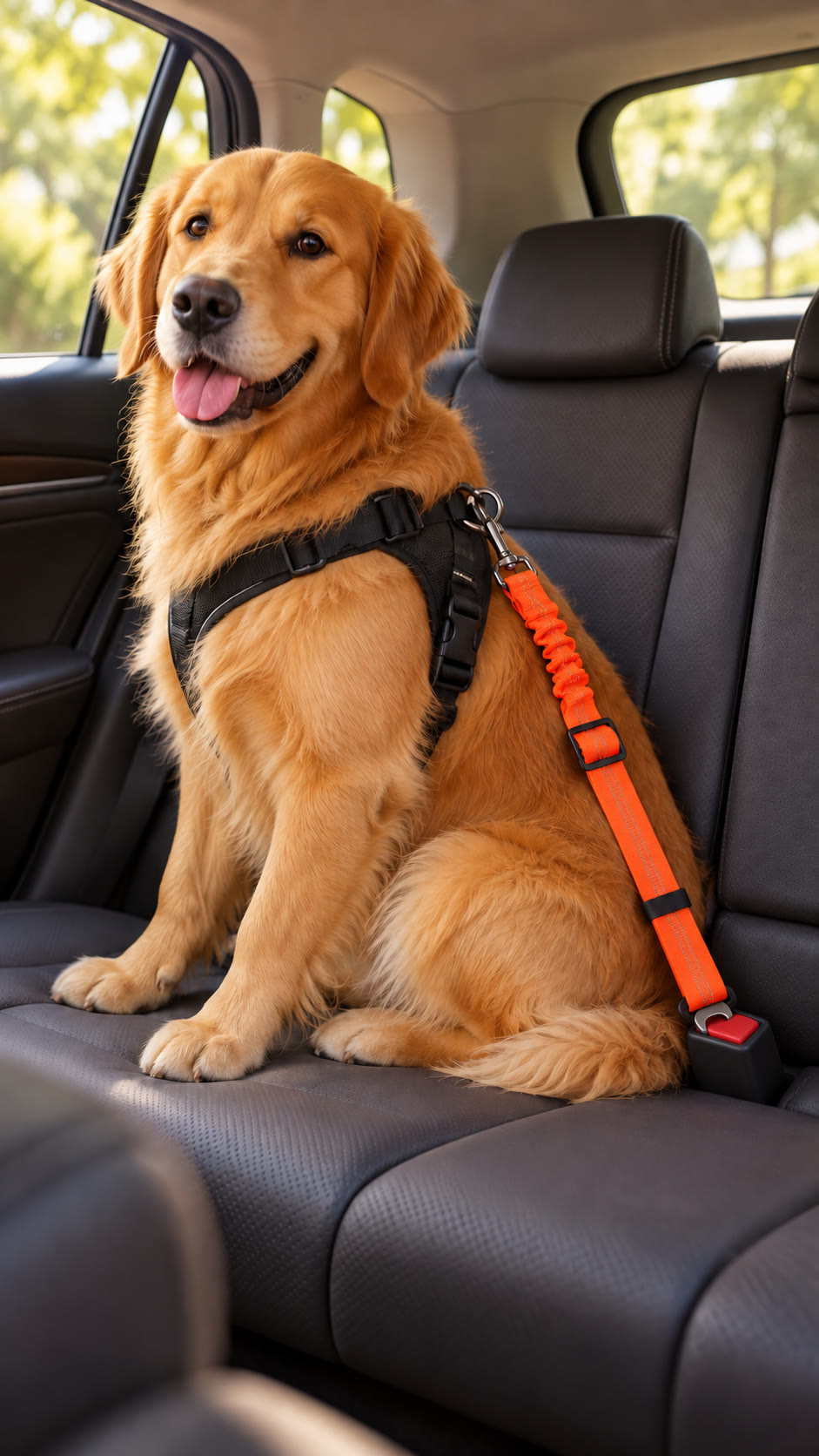 Lifestyle visualization of a golden retriever in a parked car beside an orange tether attached to a black body harness