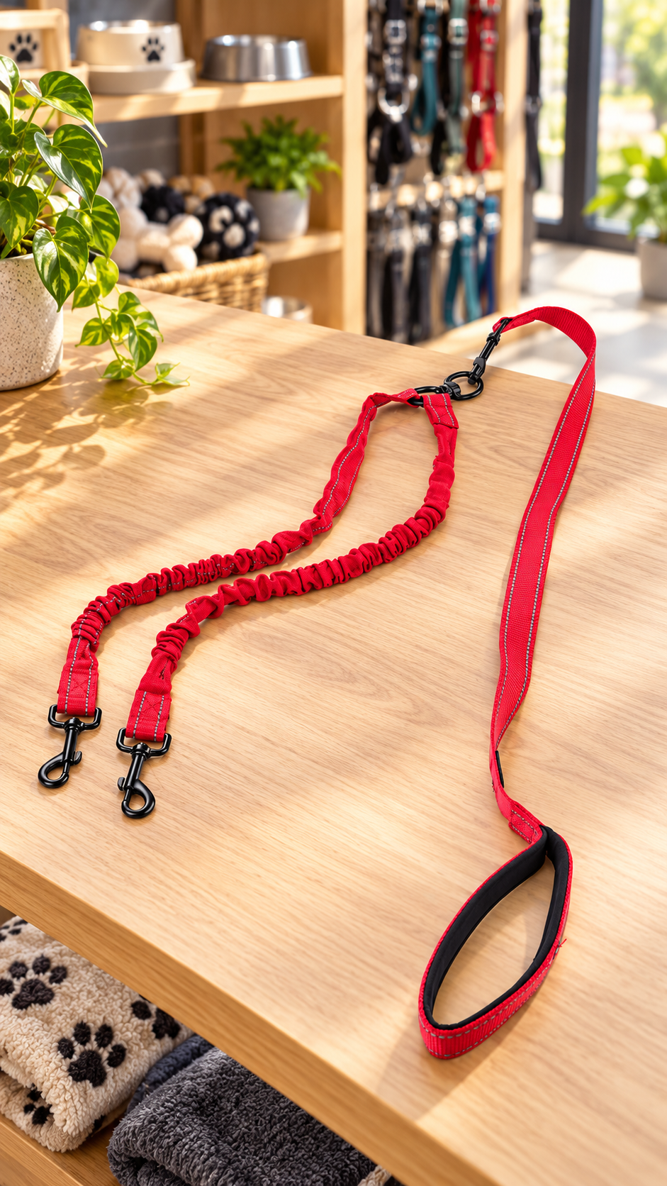 Close view of dark snap hooks attached to red webbing ends with stitched reinforcement