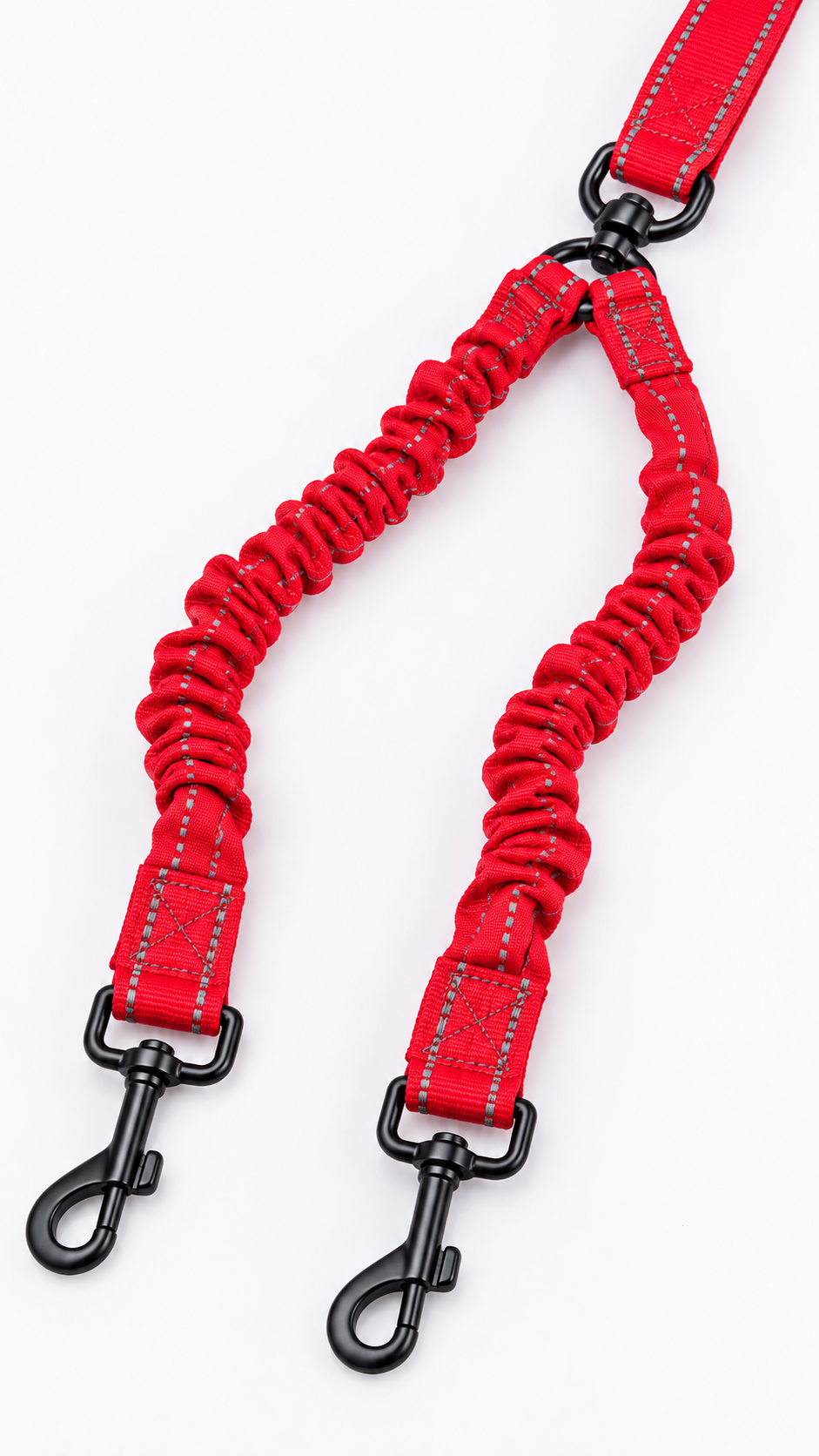 Close view of two red gathered bungee branches and dark snap hooks
