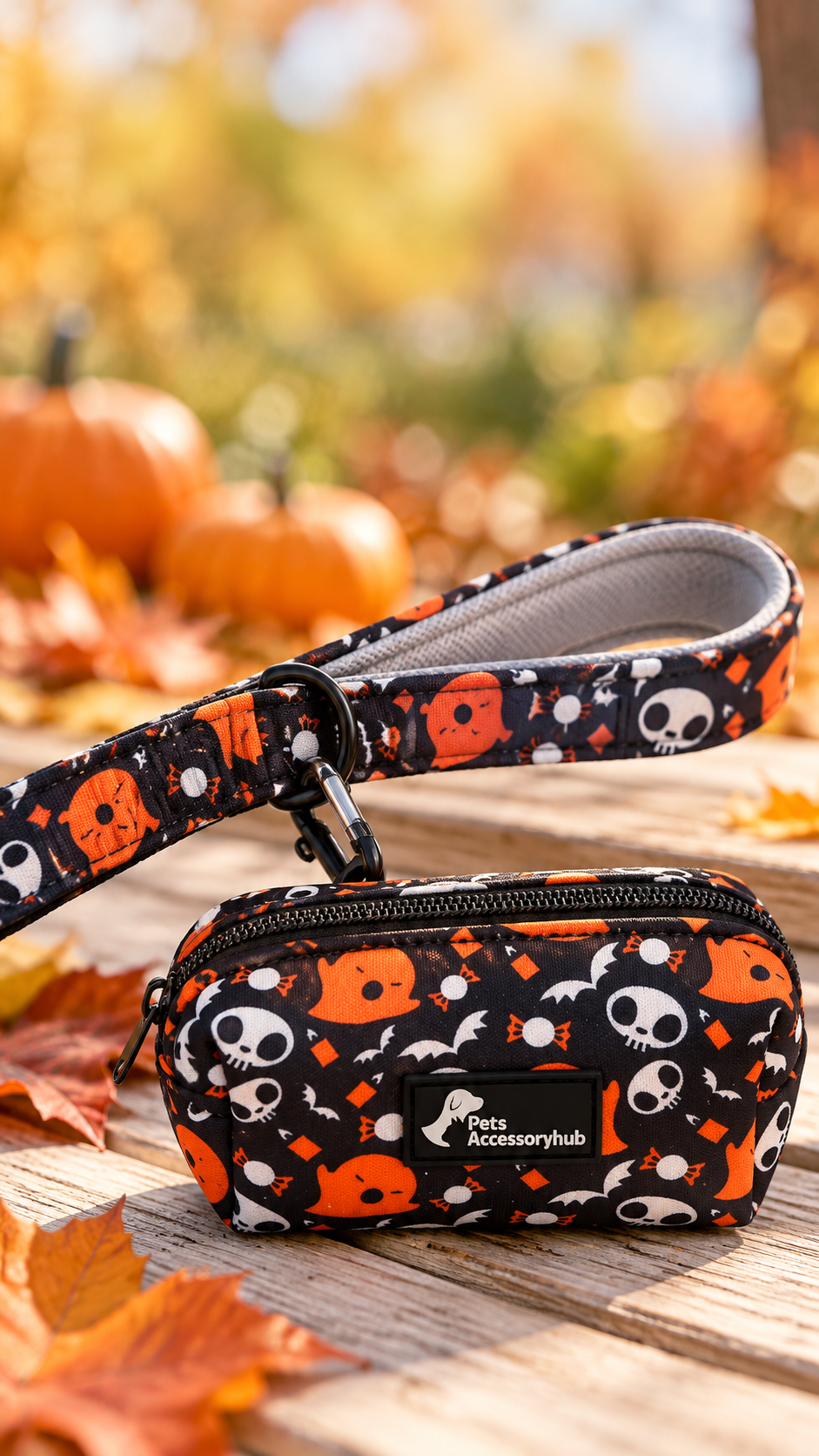 Matching Halloween-print waste-bag pouch clipped to the D-ring near the leash handle