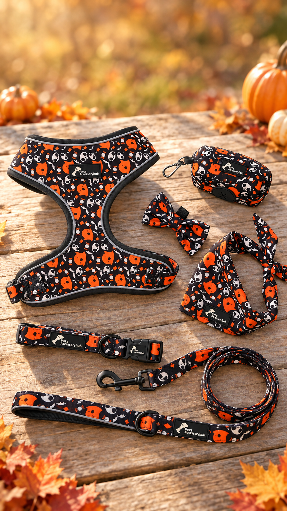Coordinated black and orange Halloween pet collection with vest harness, leash, collar, bow tie, bandana and waste-bag pouch