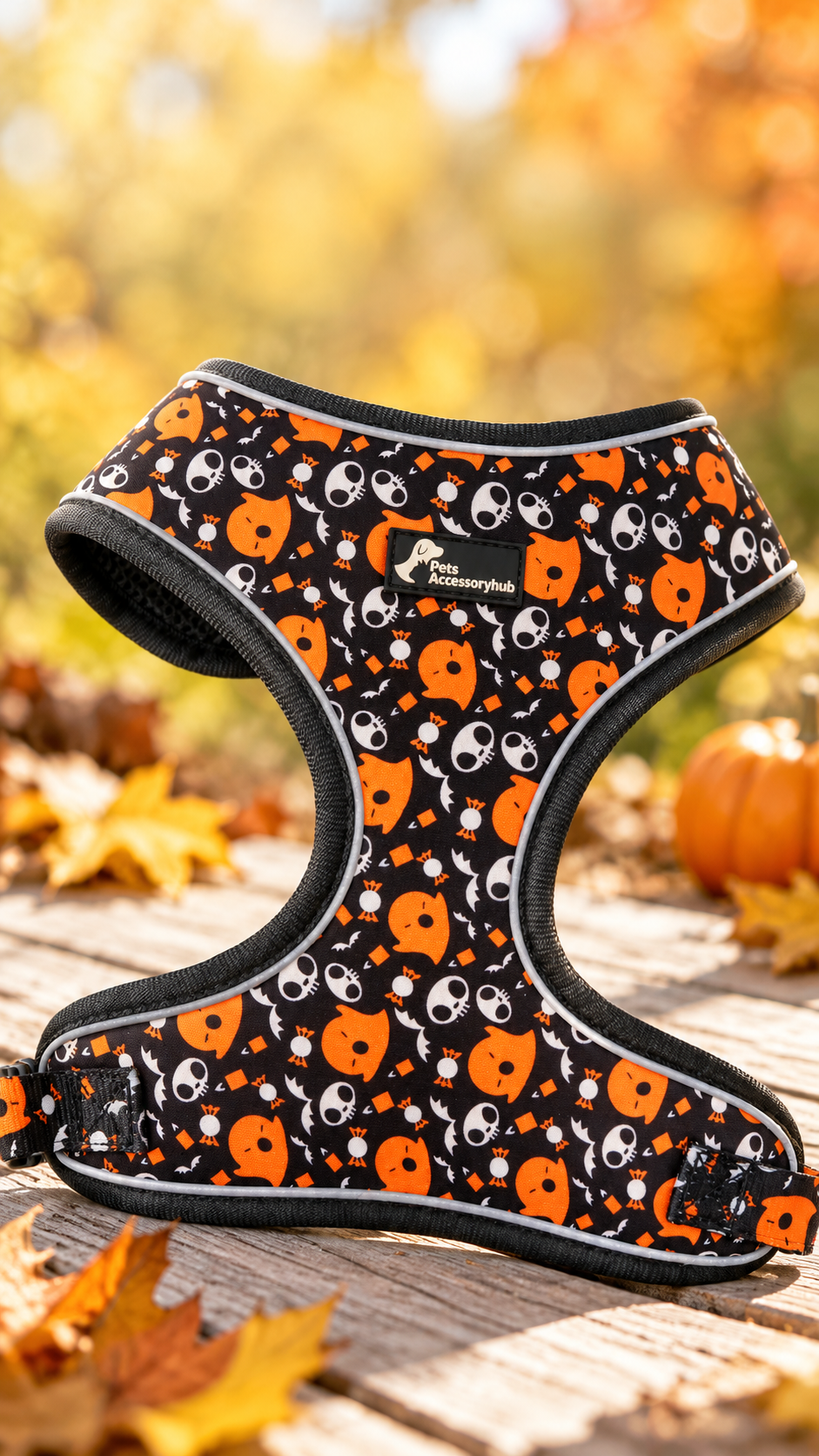 Halloween-print vest harness showing a wide chest panel, curved leg openings, grey piping and PetsAccessoryHub patch