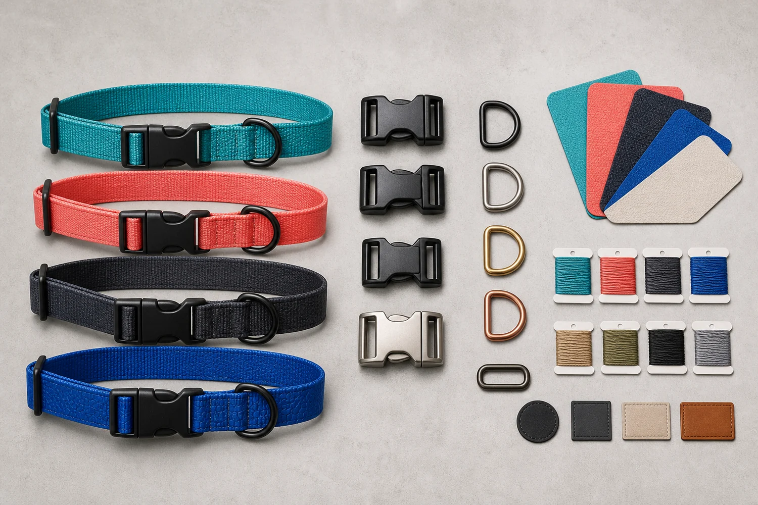Custom dog collar material samples, buckles, D-rings, thread colors, and blank logo labels