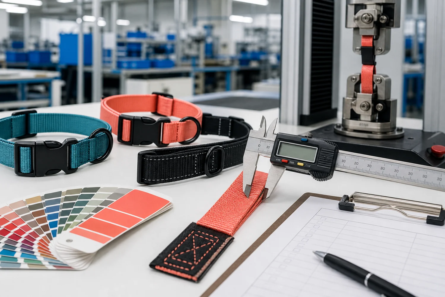 Factory quality control of custom dog collar webbing, stitching, color, hardware, and pull testing