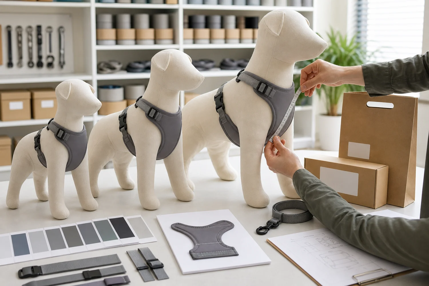 Private label dog harness fit checking on dog forms with size measurement, approved colors and packaging