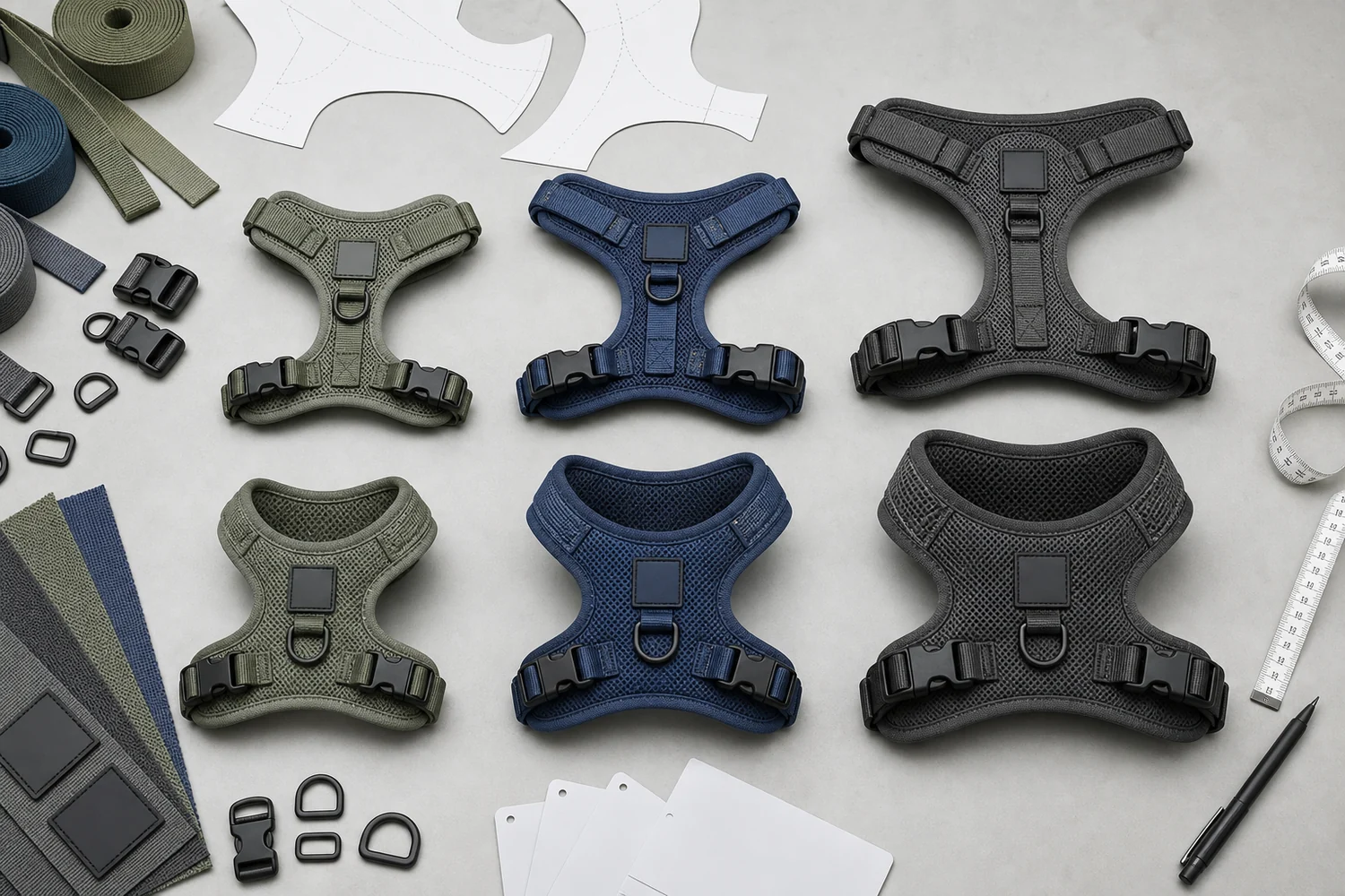 Custom dog harness size development with mesh harnesses, patterns, webbing, buckles, rings and measuring tape