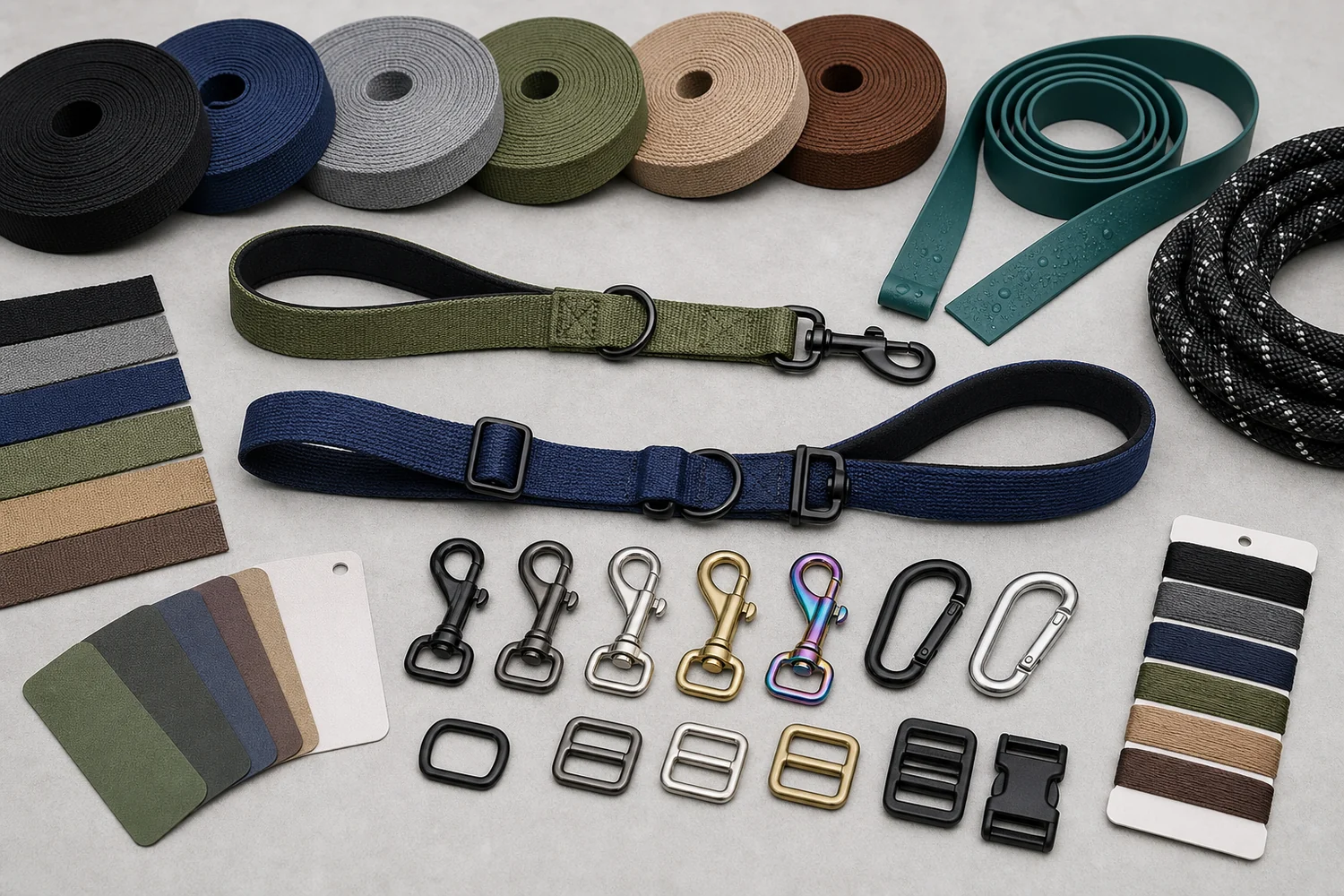 Custom dog leash materials, webbing, rope, coated straps, hooks, rings, adjusters and thread colors