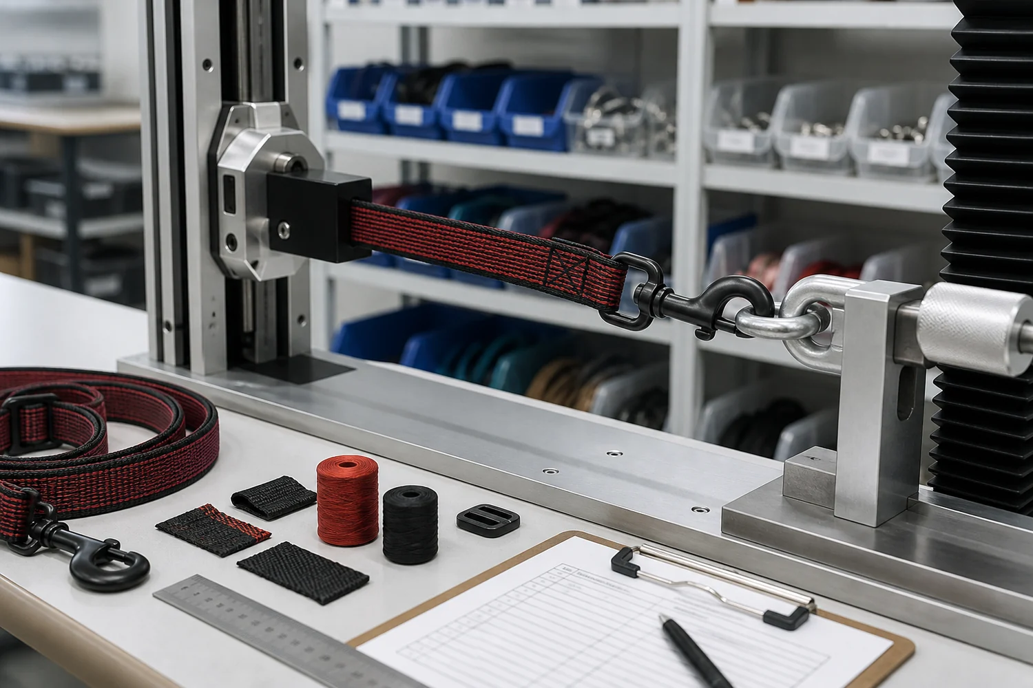 Factory pull testing and quality inspection of a custom dog leash hook, webbing and reinforced stitching
