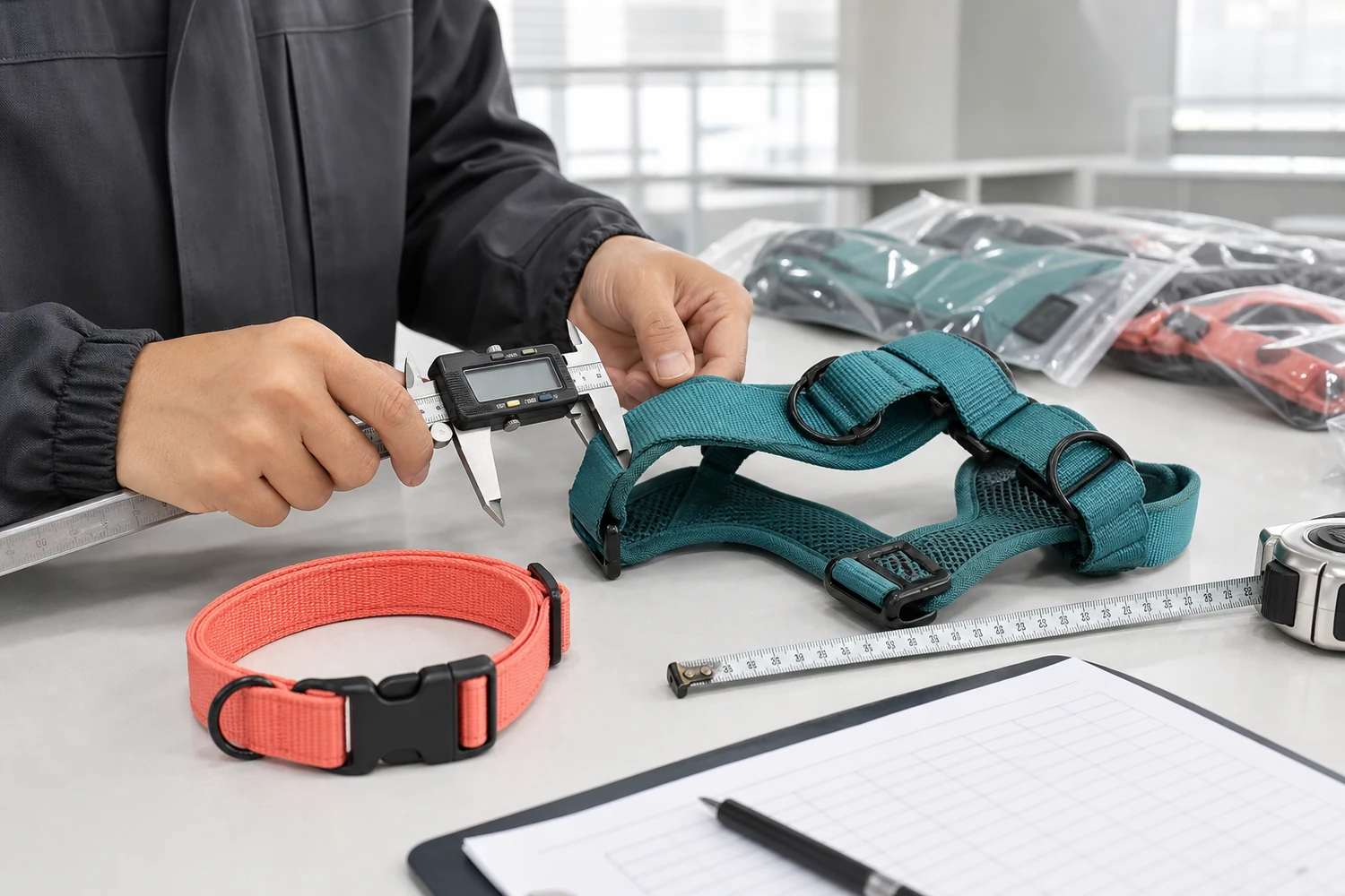 Inspector measuring a custom dog harness and collar during pet product quality control