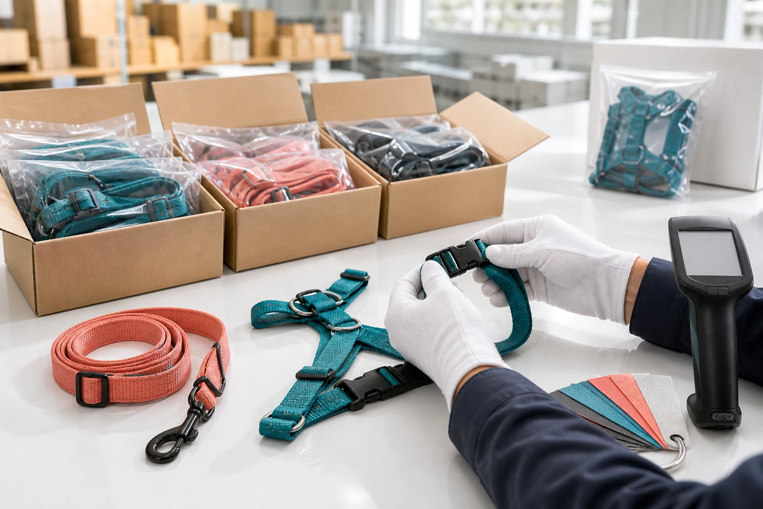 Pre-shipment inspection of packaged custom pet accessories and buckle function
