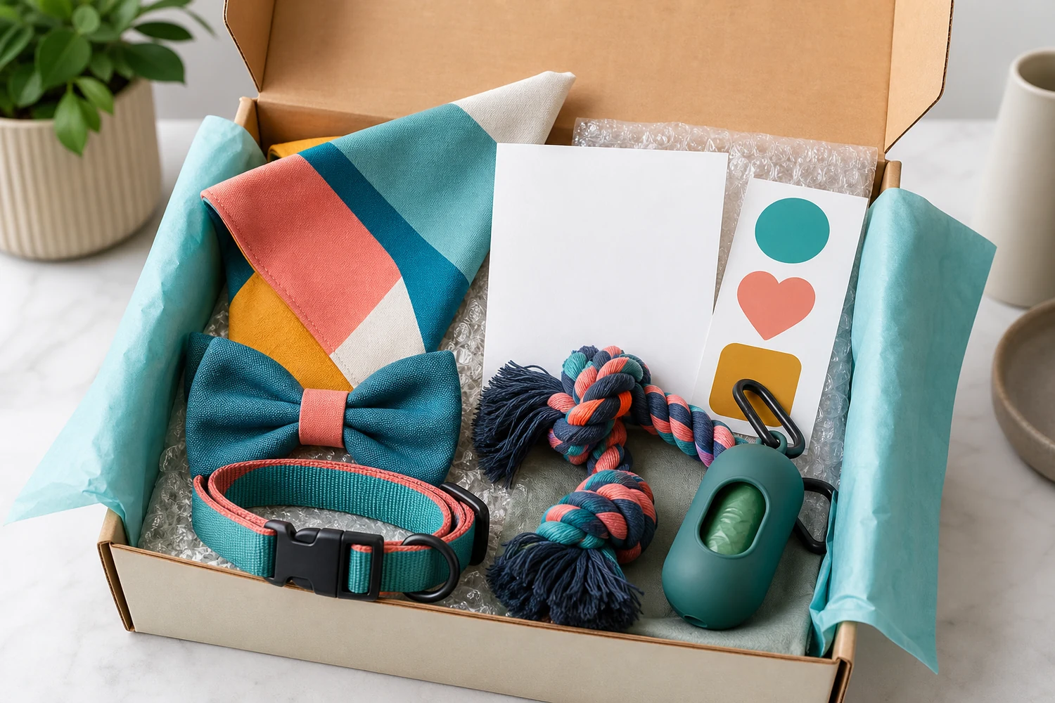 Coordinated custom pet accessories prepared for a branded subscription box