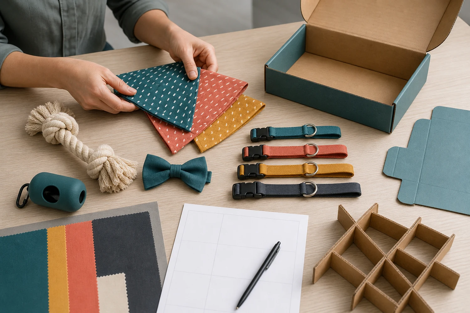 Subscription box sourcing table with pet accessory samples, size plan, packaging, and color swatches