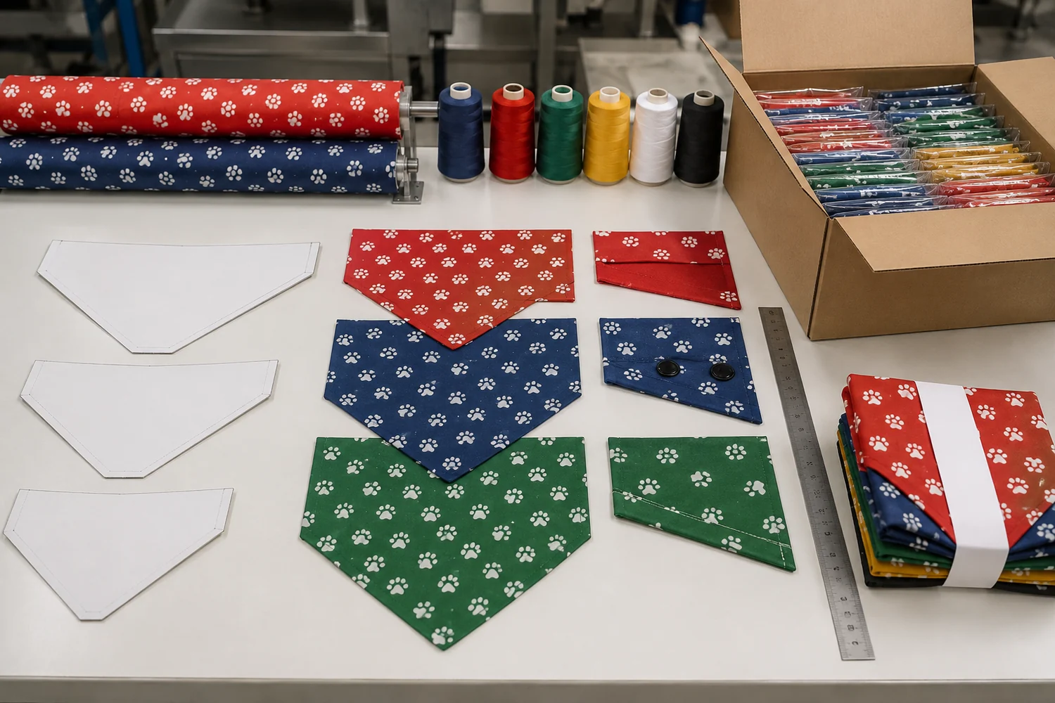 Bulk dog bandana cutting, sizing, sewing, snap placement and packaging quality control